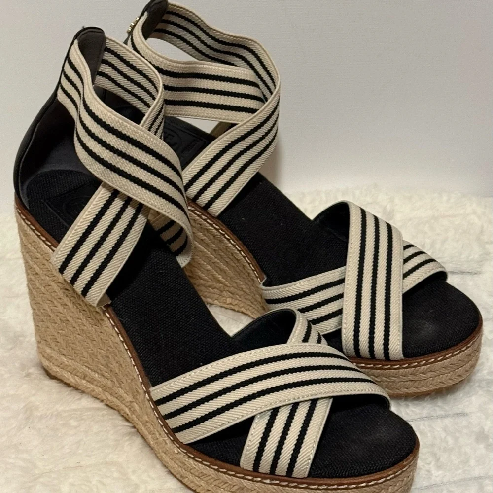 Tory Burch Black and Cream Striped Espadrille Wedge Sandals
